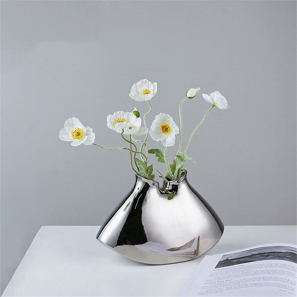 Silver Dual-Hole Irregular Fan-Shaped Ceramic Vase: Exquisite Home Décor Piece for Flower Arrangements and Ornamental Display