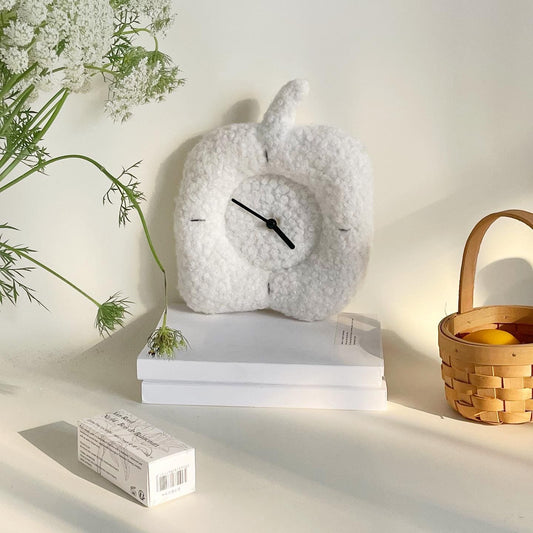 Fabric Apple clock, white fluffy creative wall clock, cute clock, home decoration（7.1"*8.3")