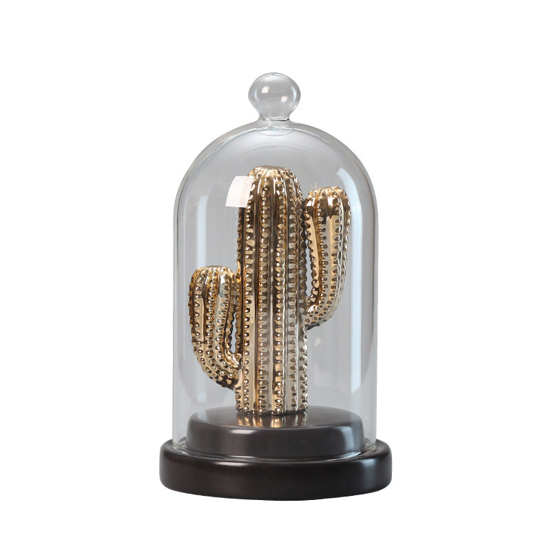 Golden Cactus Ceramic Ornament Encased in Glass: Perfect Home Décor Accent for Rooms