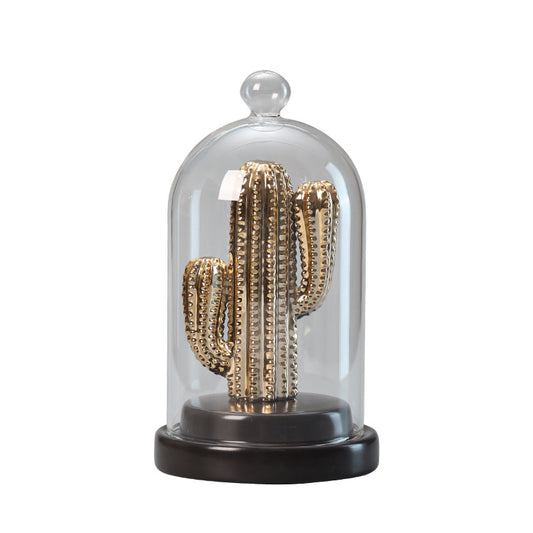 Golden Cactus Ceramic Ornament Encased in Glass: Perfect Home Décor Accent for Rooms