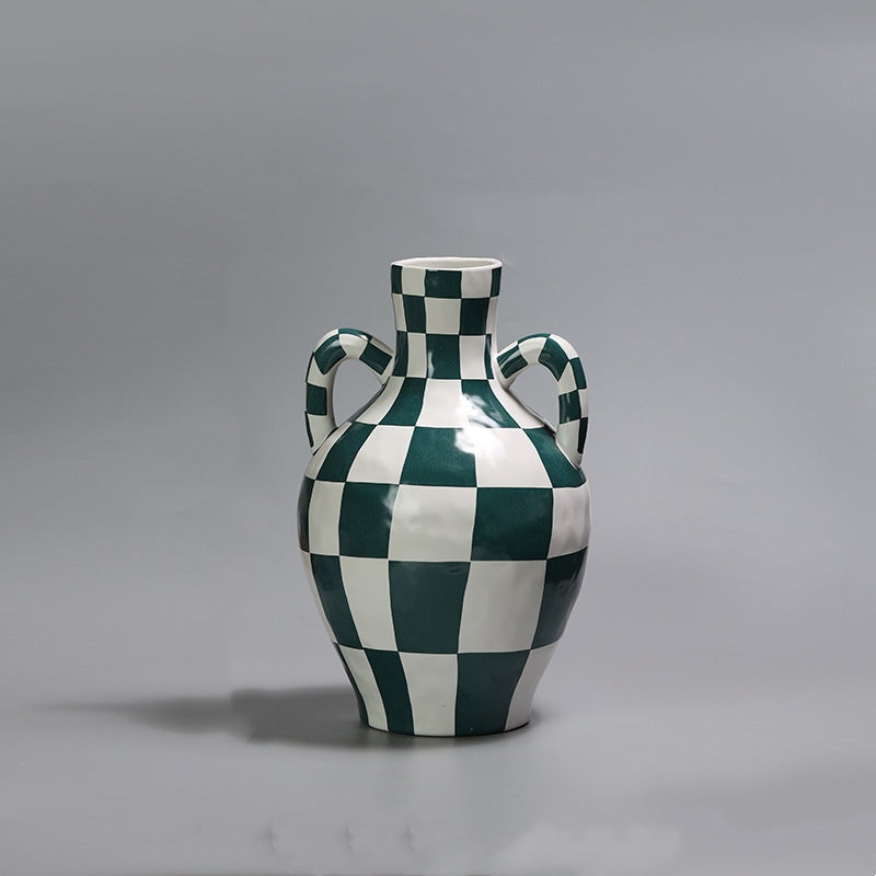 French-Style Checkered Double-Handled Glazed Ceramic Vase: Elegant Home Décor Piece for Living Room Floral Arrangements and Planters