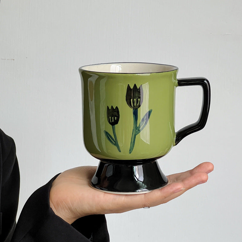Hand-painted tulip ceramic cup, ancient style square goblet, large capacity mug