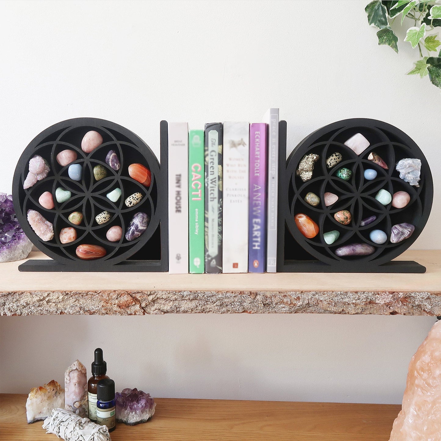 Sun and Moon Wooden Wall Crystal Storage Shelf: for Organizing and Displaying - Enhance Your Space with Natural Elegance