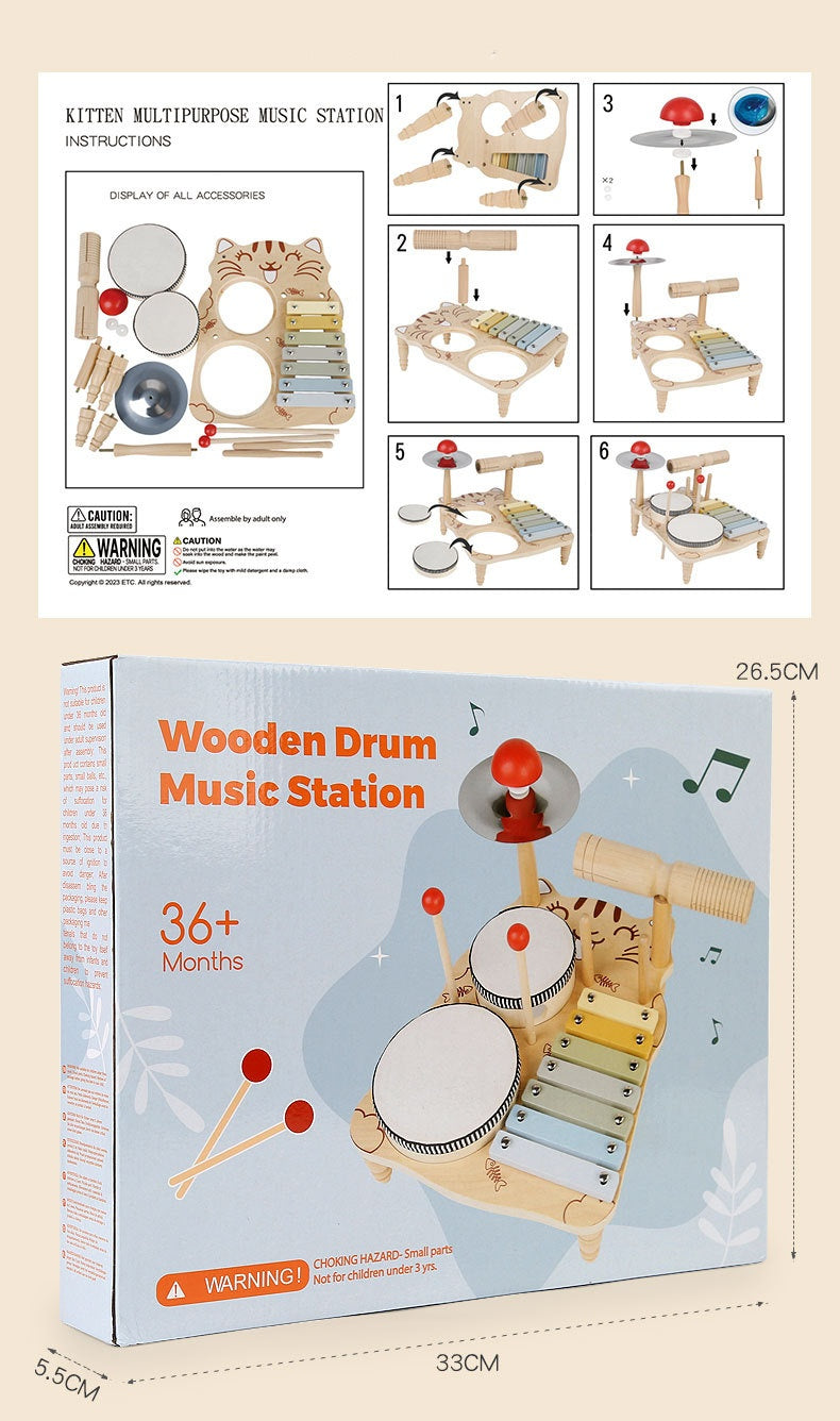 Children's Wooden Orff Music Percussion Instrument Set: Xylophone, Drum, Cymbals - Educational Toy for Babies, Promotes Hand-Eye Coordination