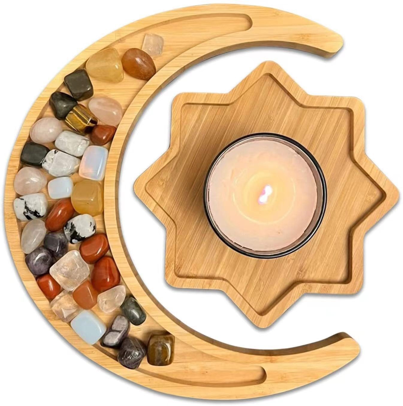 Moon and Stars Solid Wood Tray Set: Creative Tray Base for Living Room Snacks, Dry Fruit, Afternoon Tea, and Desserts, 11.81 x 10.79 inches and 7.99 x 7.99 inches，Set of 2