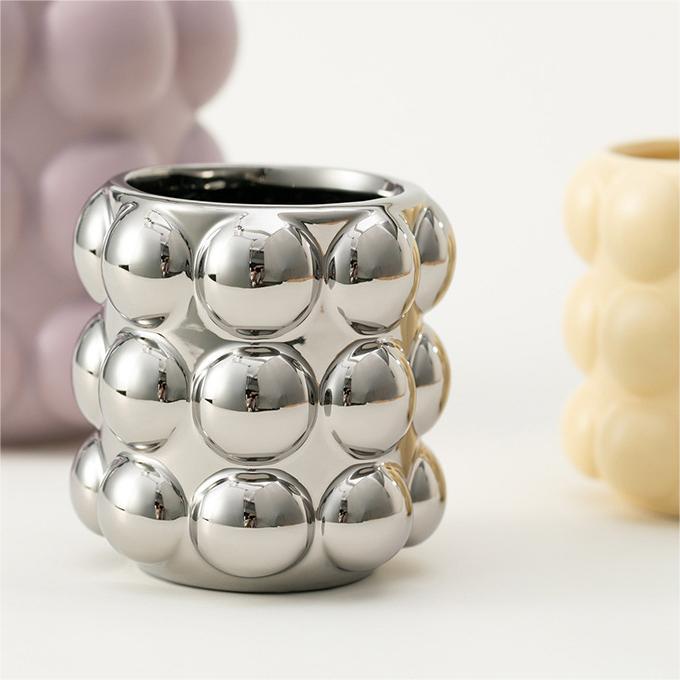 PickMeYA Pearl Bubble Ceramic Flower Pot: A Creative and Modern Storage Cylinder for Makeup Brushes, Pens, and Home Decor - Measuring 7.09 x 6.69 inches