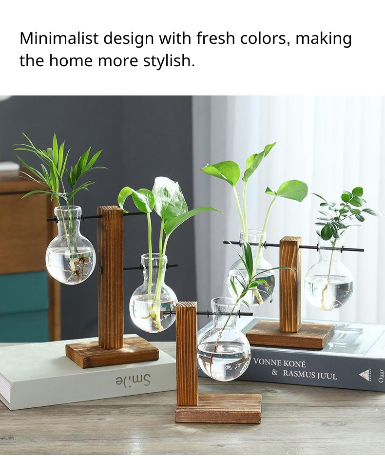 PickMeYA Set of 3 Wooden Frame Hydroponic Vases - Green Flower Vases for Office Desktop Decoration, Plant Propagation Station, Home Office Garden Decor Planter. Stylish Containers for Indoor Plants