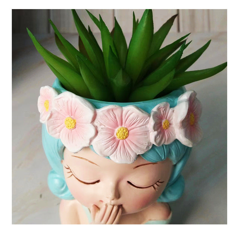 PickMeYA Resin Succulent Plant Pot with Drainage Hole Little Girl face Pot Creative Nordic Wind Simulation Desktop Cute Cartoon Storage Accessories 4 Styles
