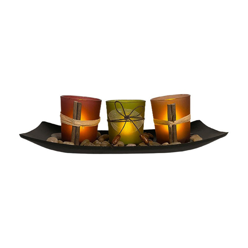 Wooden and Glass Hollow Candle Holder Set with Electronic LED Candles - Rustic Decorative Candlesticks for Home Décor - Perfect for Creating a Cozy Ambiance in Any Room