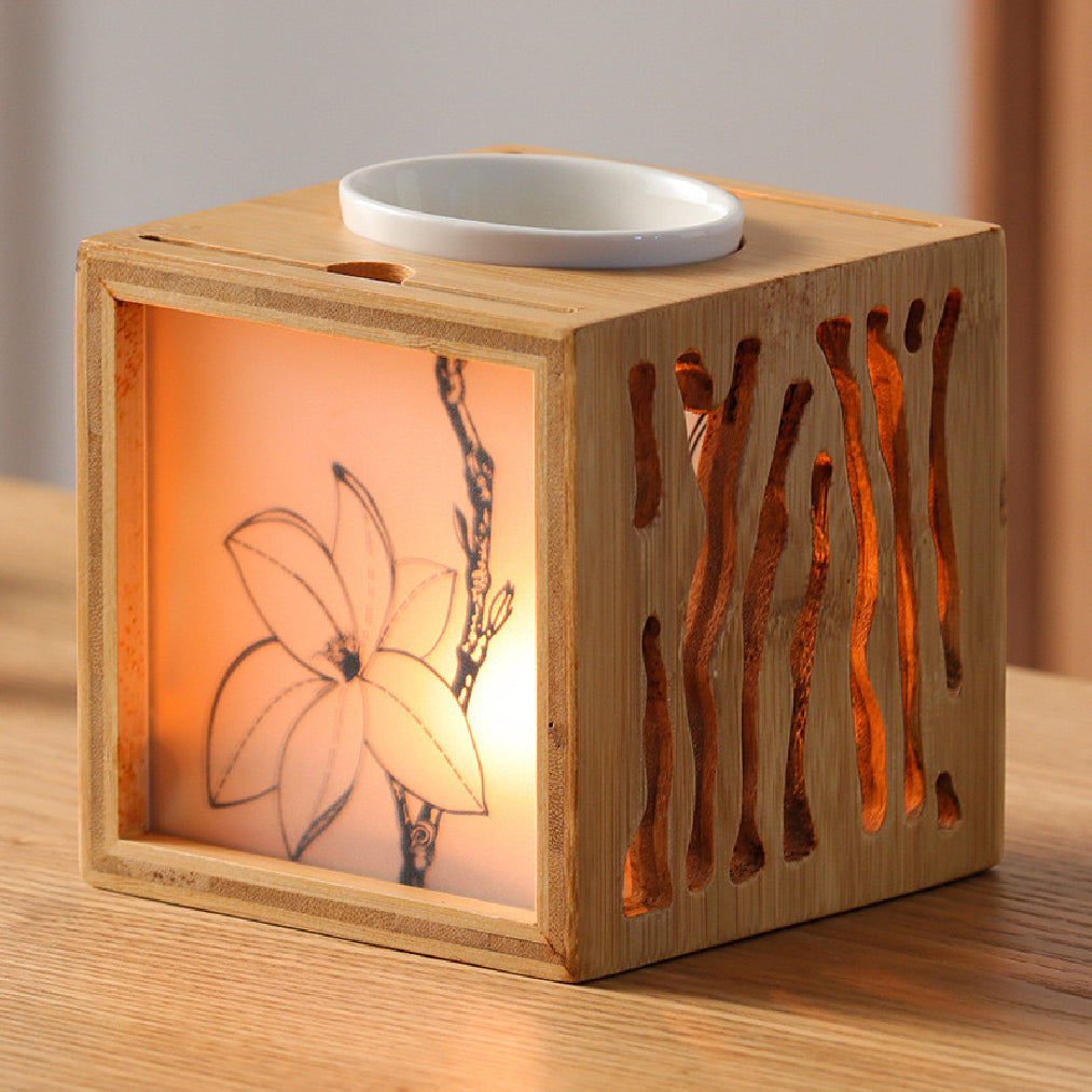 Bamboo Wood and Glass Aromatherapy Oil Burner, 4.72 x 4.72 Inches, Ceramic Home Essential Oil Candle Burner, Suitable for Living Room, Bedroom, Office, Mother's Day Gift