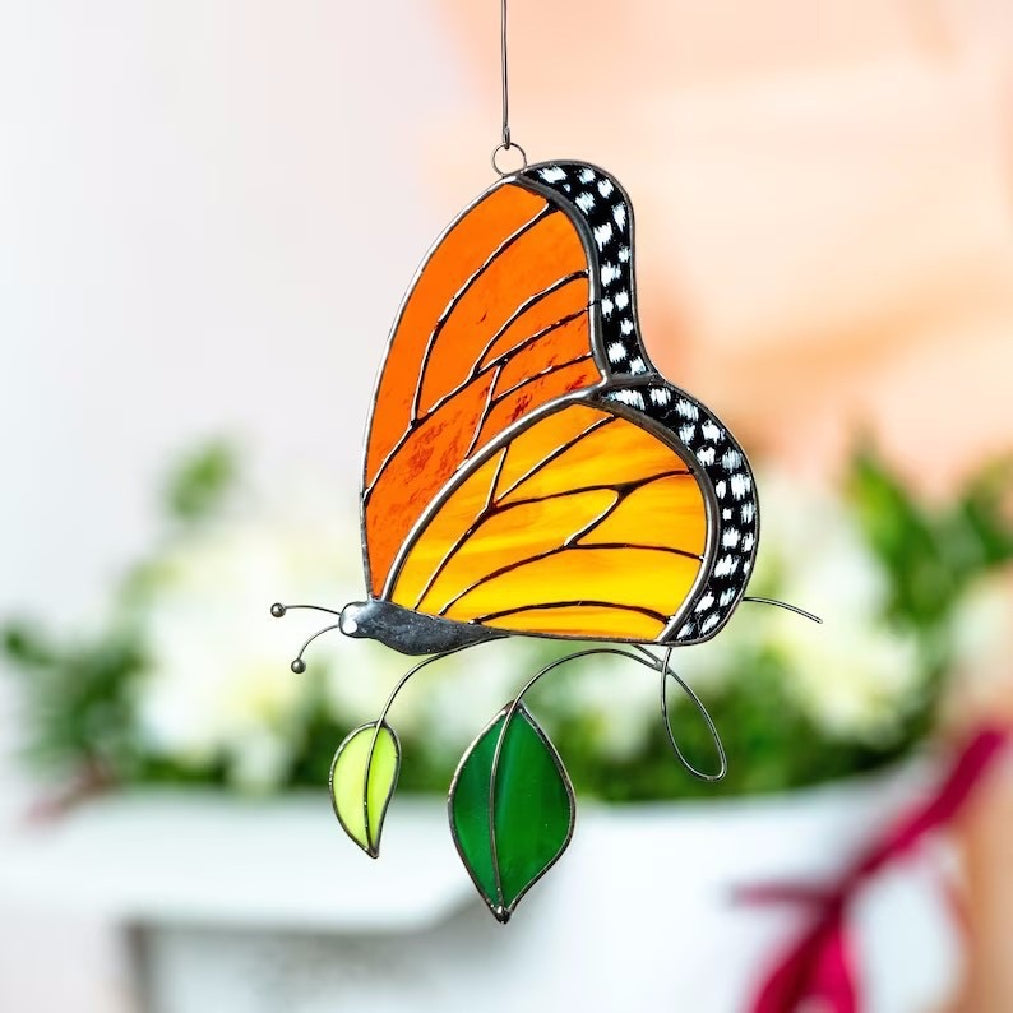 Metallic Colored Butterfly Glass Hanging Ornament, 4.25 x 6 Inches, for Outdoor Patio Garden, Dragonfly Butterfly Window Hanging Decoration Gift