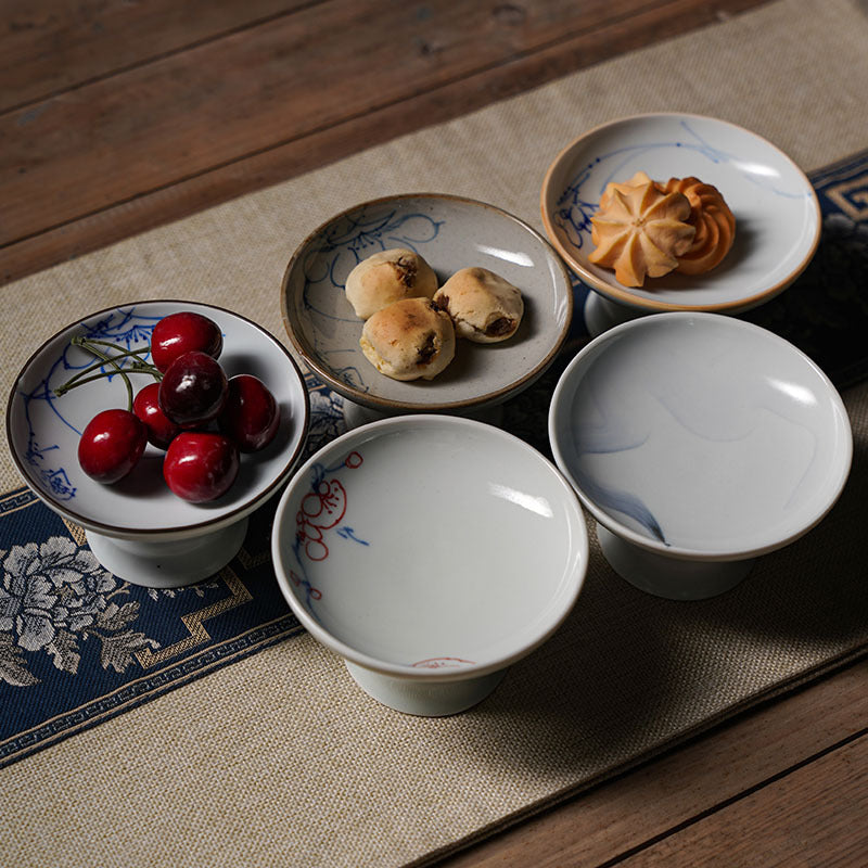 Elegant Chinese Ceramic Tea and Snack Plate,High Footed Dish for Serene Tea Ceremonies,Cupcake Serving Display