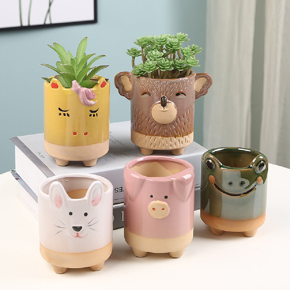 Cute Animal Succulent Ceramic Planter, Cylinder Cartoon Pen Holder Decor, for Bedroom, Desk, Office, School, Ideal Gift for Friends, Women, Moms, Birthdays, 4.92 x 3.15 x 4.06 Inches