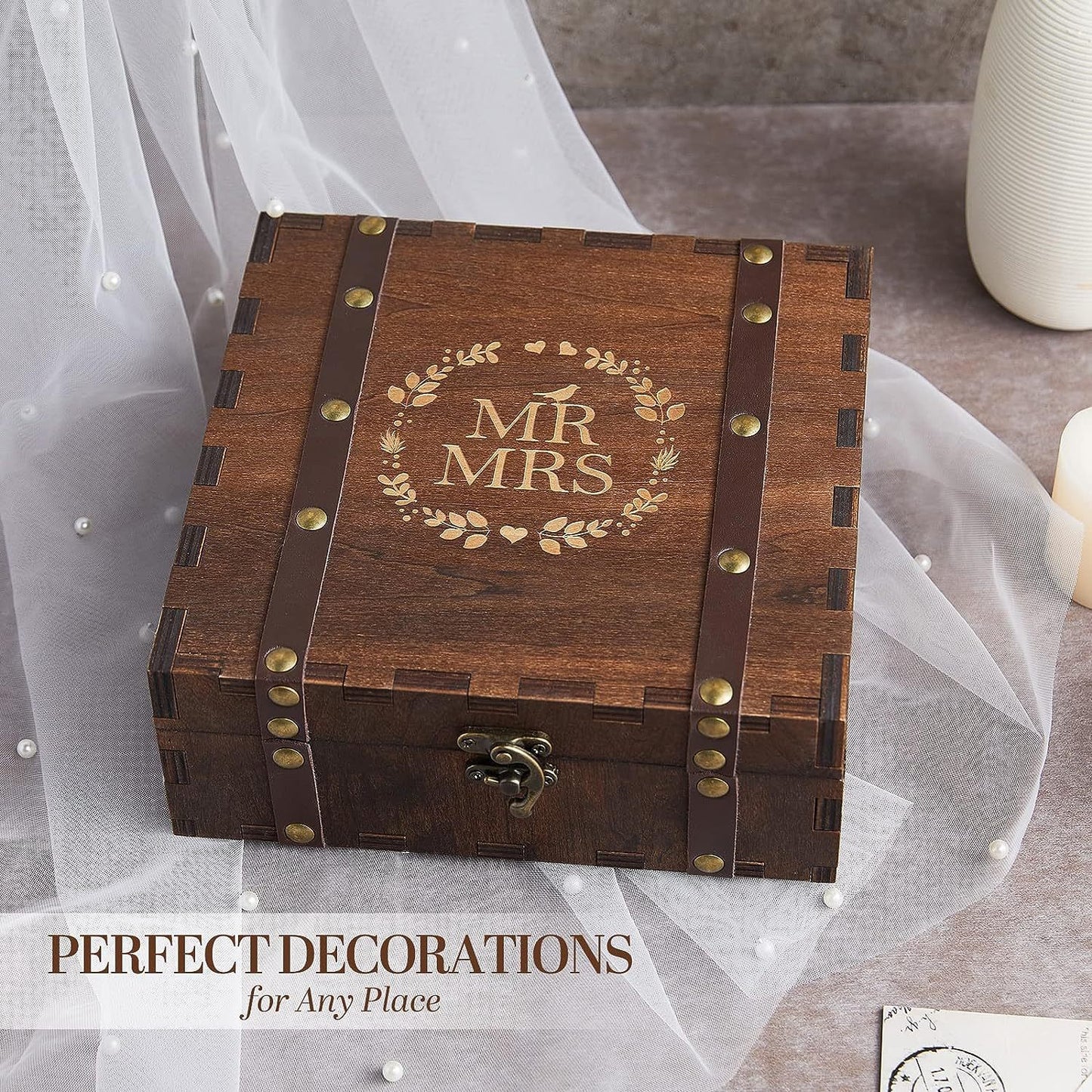 お土産メモリーボックス、カバー付き結婚式のお土産ボックス、7.87*7.87*2.95インチ、素朴な装飾の木製収納ボックス、結婚記念日やカップルのギフトに最適