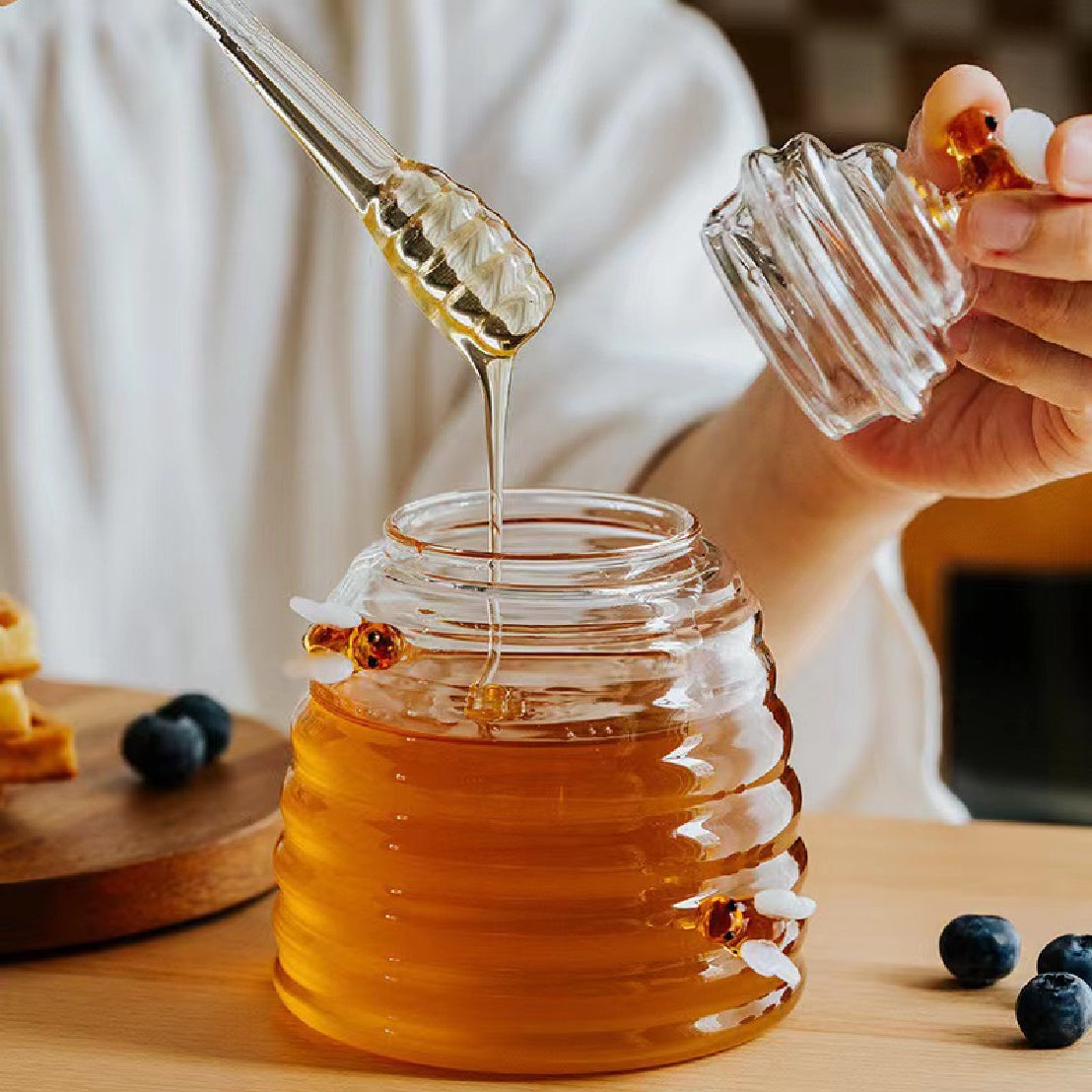 High Borosilicate Glass Honey Jar, 6 Styles, Transparent Stirring Stick Honey Packaging Bottle, Creative Syrup Jam Jar, for Home Kitchen Storage Container