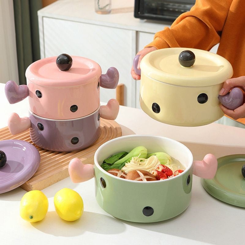 Polka Dot Heart Double-Handled Covered Ramen Bowl - Cute and Convenient Noodle Soup Container，9.45"*4.92"
