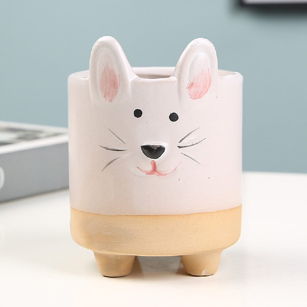Cute Animal Succulent Ceramic Planter, Cylinder Cartoon Pen Holder Decor, for Bedroom, Desk, Office, School, Ideal Gift for Friends, Women, Moms, Birthdays, 4.92 x 3.15 x 4.06 Inches