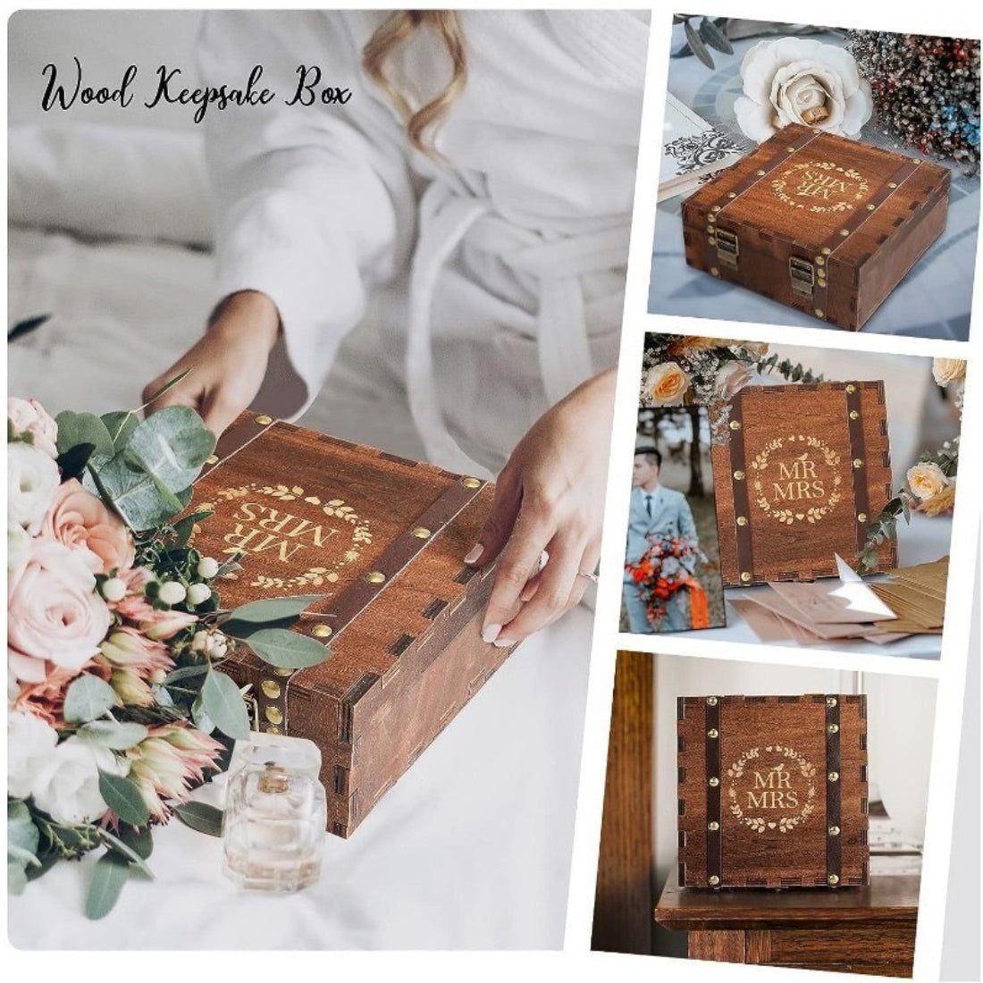 お土産メモリーボックス、カバー付き結婚式のお土産ボックス、7.87*7.87*2.95インチ、素朴な装飾の木製収納ボックス、結婚記念日やカップルのギフトに最適