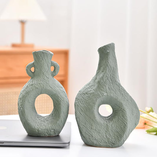 Modern Rustic Coarse Ceramic Vases: Creative Nordic Handcrafted Vases with a Vintage Touch ，Perfect for TV Cabinet or Desktop Decor ，5.2x8.3x2.7 inches and 3.7x6.8x2.4 inches