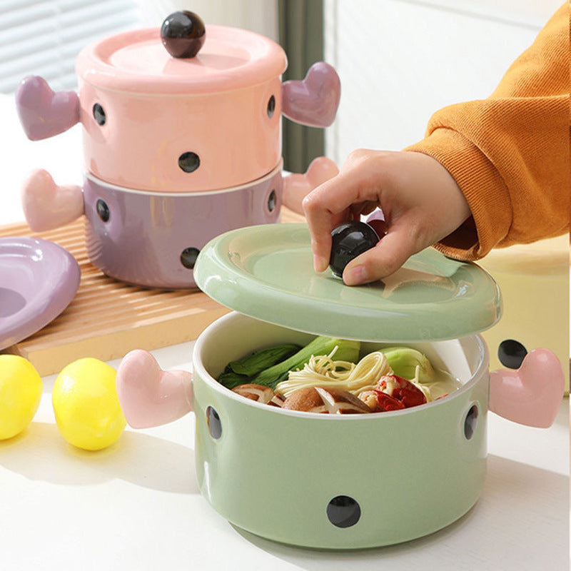 Polka Dot Heart Double-Handled Covered Ramen Bowl - Cute and Convenient Noodle Soup Container，9.45"*4.92"