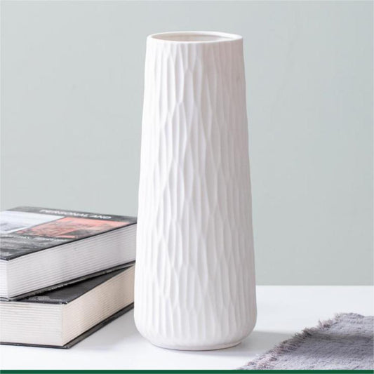 PickMeYA Pure White Ceramic Vase - Timeless Elegance for Home Decor, Premium Vertical Striped Vase Décor Piece for Fresh Flowers, Floral Arrangements, and Interior Enhancement