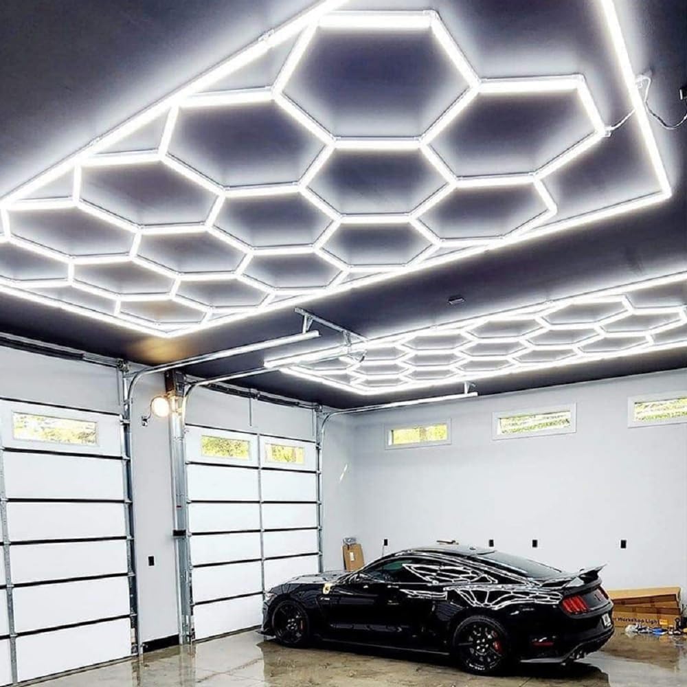 Ultra-Bright 6500K LED Hexagon Garage Lights - Energy-Efficient 395w, 14 Grids, Rectangle Frame - Ideal for Workshop, Basement,Warehouse, Exhibition Hall- Cool White Lighting, 100-240v Compatibility