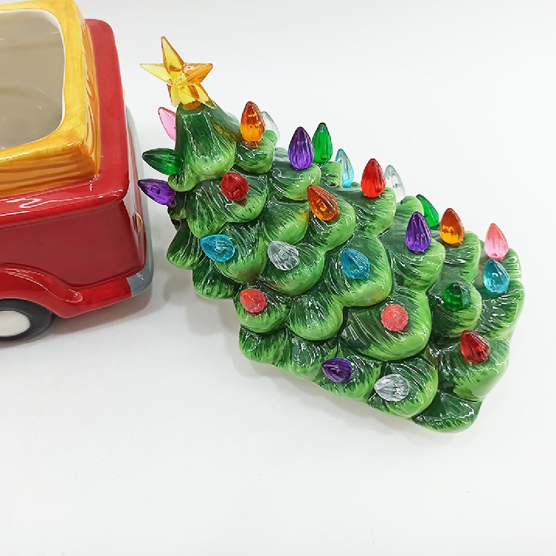Vintage Truck with Christmas Tree Cookie Jar, 10.63 x 5.7 x 8.46 Inches, American Hand-Painted Ceramic Christmas Cookie Candy Tea Jar, Cute Kitchen Countertop Storage Jar