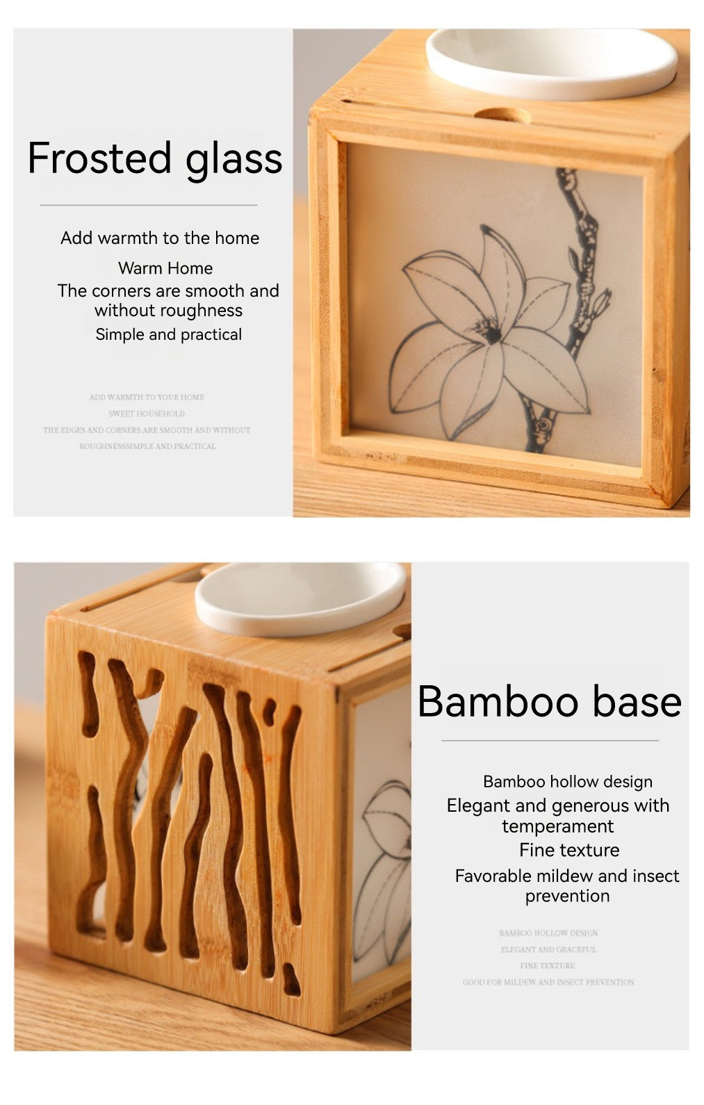 Bamboo Wood and Glass Aromatherapy Oil Burner, 4.72 x 4.72 Inches, Ceramic Home Essential Oil Candle Burner, Suitable for Living Room, Bedroom, Office, Mother's Day Gift