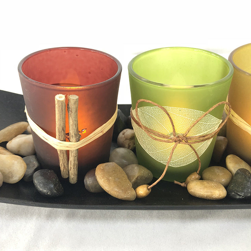 Wooden and Glass Hollow Candle Holder Set with Electronic LED Candles - Rustic Decorative Candlesticks for Home Décor - Perfect for Creating a Cozy Ambiance in Any Room