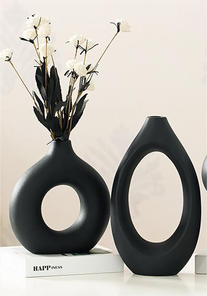Contemporary Donut Ceramic Vase Set: Modern Minimalist Elegance for Living Room, Entryway, and TV Cabinet Decor, Black and White, 9.17 * 8.66 inches and 5.51 * 5.35 inches, Set of 2
