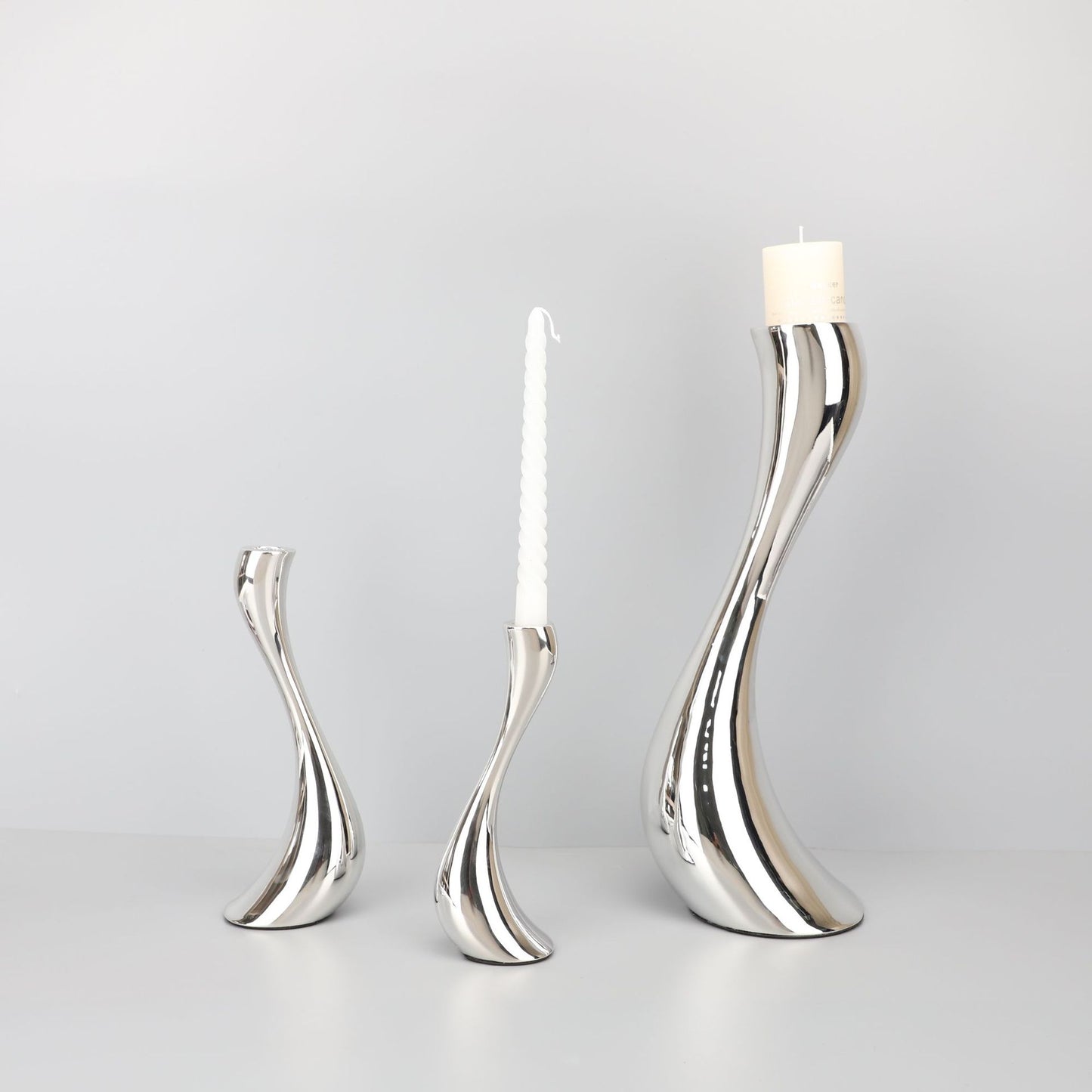 S-Shaped Resin Candle Holders: Modern Silver Decor for Hotels, Homes, and Living Rooms (Large: 5.5x5.1x15 inches, Medium: 3.1x3.7x9.4 inches, Small: 2.6x3.1x7.9 inches)，Set of 3