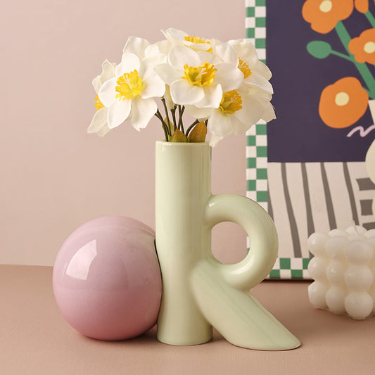OK Shape Ceramic Vase, Dopamine Tones, Home Decor Vase, Living Room, Dining Room, Bedroom Decor, 6.7 x 5.5 inches