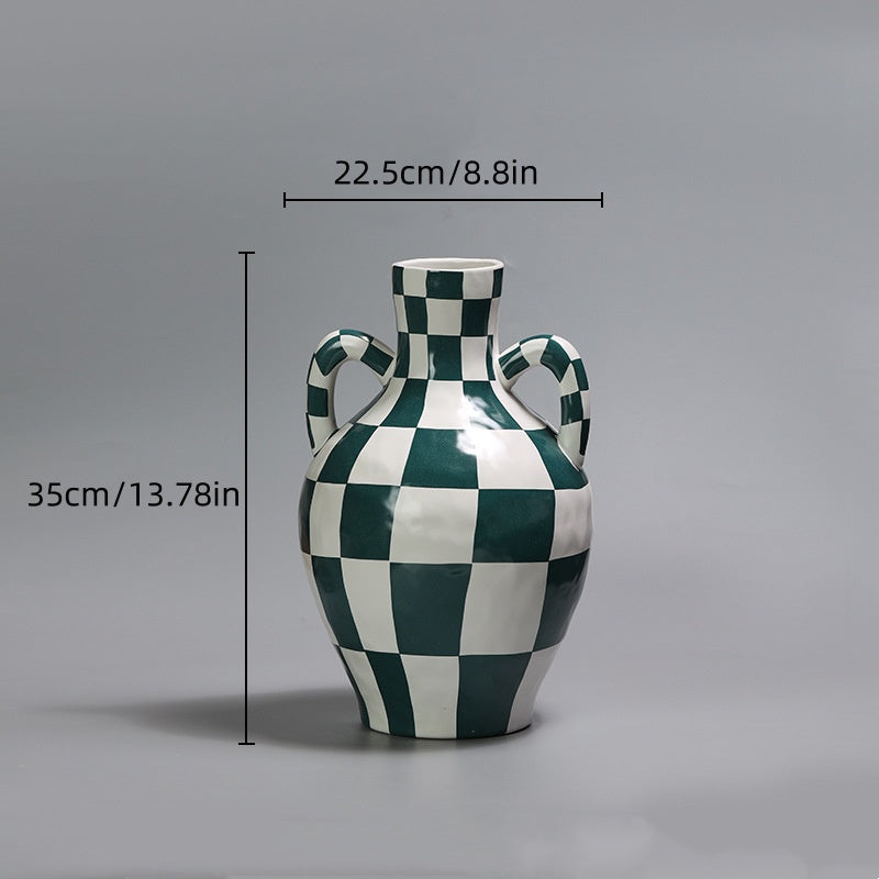 French-Style Checkered Double-Handled Glazed Ceramic Vase: Elegant Home Décor Piece for Living Room Floral Arrangements and Planters