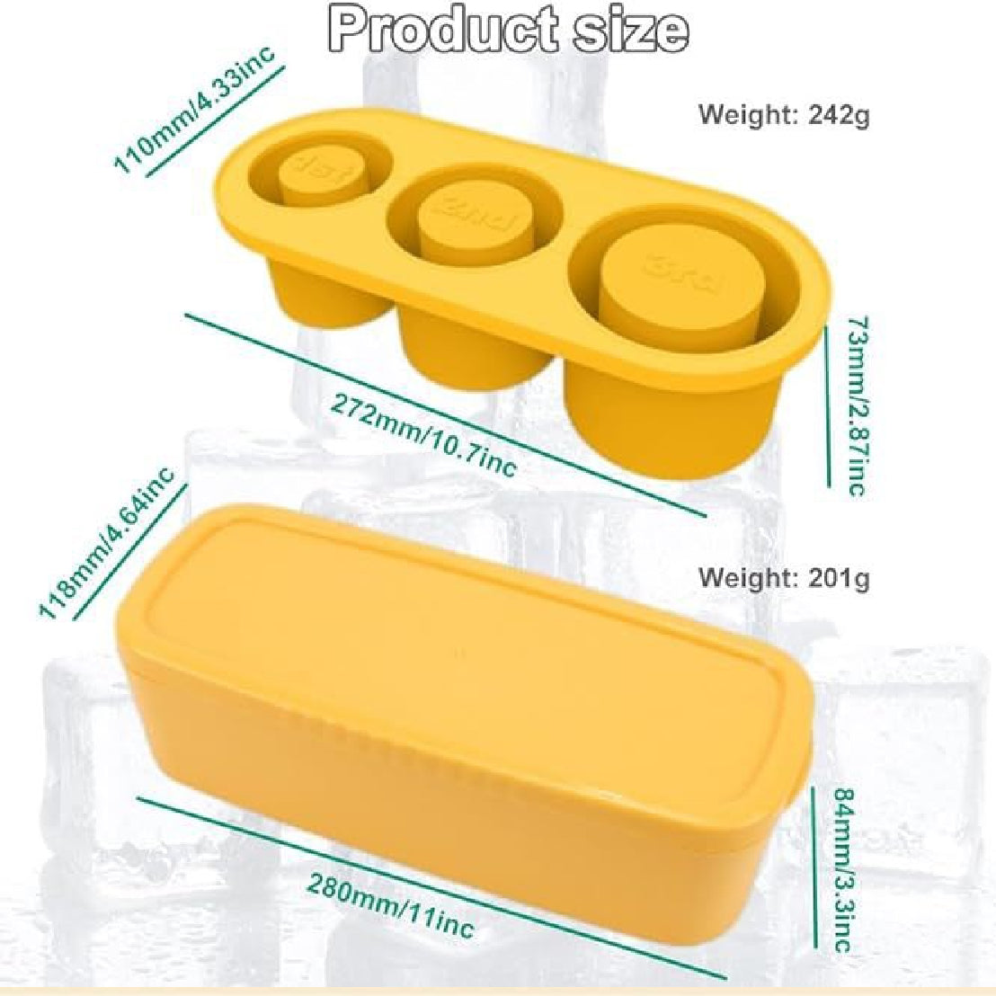 Large Capacity Ice Cube Tray, 11 x 4.64 x 3.3 Inches, 3-Piece Silicone Ice Cube Mold with Lid and Box, for Whiskey Cocktails, Juice Freezing