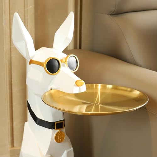 PickMeYA 樹脂製犬の彫刻 トレイ付き - 抽象的な動物像の装飾 家庭やオフィス用 犬愛好家の装飾トレイ 金属製の収納トレイ付き