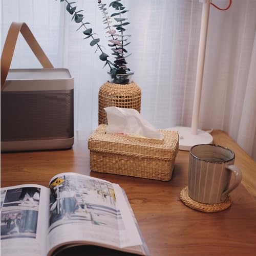 PickMeYA Woven Paper Tissue Box Holder, Willow Wicker Toilet Paper Storage Box, Home Living Room Desktop Bathroom Woven Basket, Hygienic Paper Cover