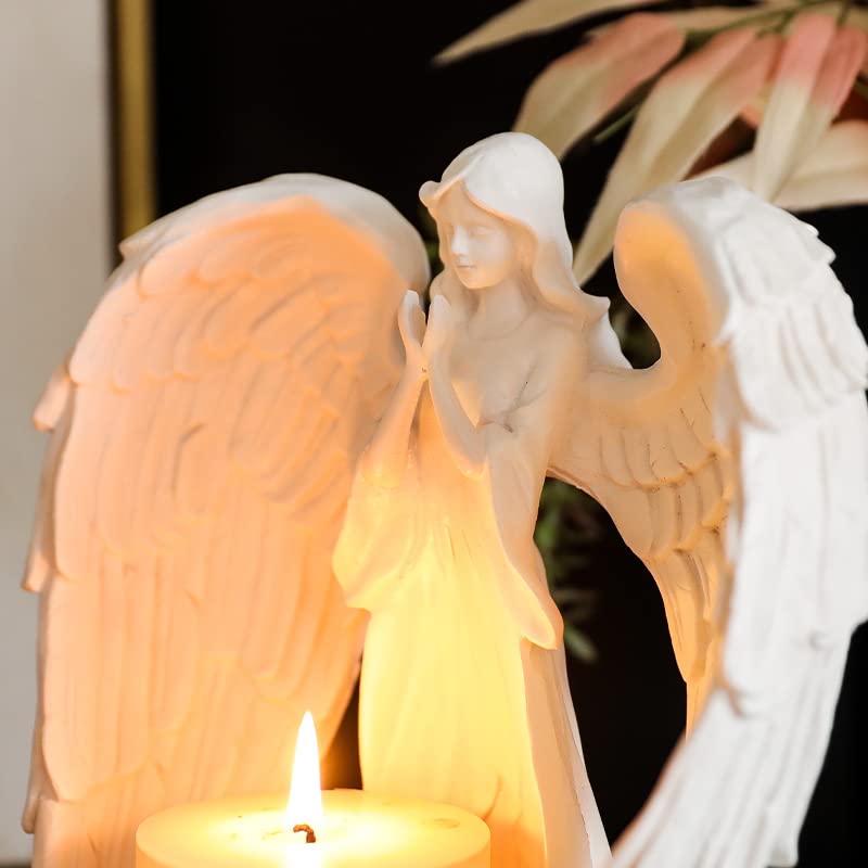 Prayer Angel Candlestick Resin Statue, Prayer Angel Wings, Good Wishes, Creative Vintage Home Decor, 2 Pieces, White， 5.71 * 3.54 * 5.71 inches