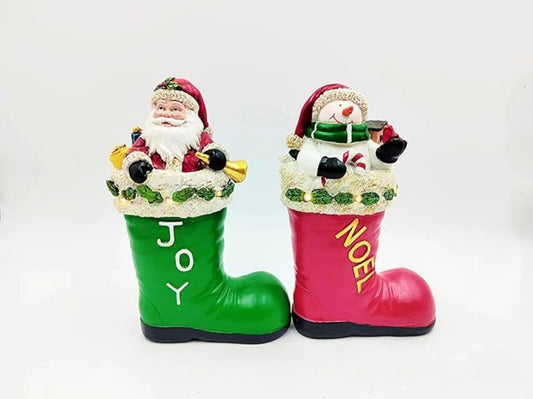 Santa Claus and Snowman Boots Statue: Adorable Christmas Decor for Indoor/Outdoor Use, Measuring 4.92 x 2.56 x 7.28 inches，Set of 2