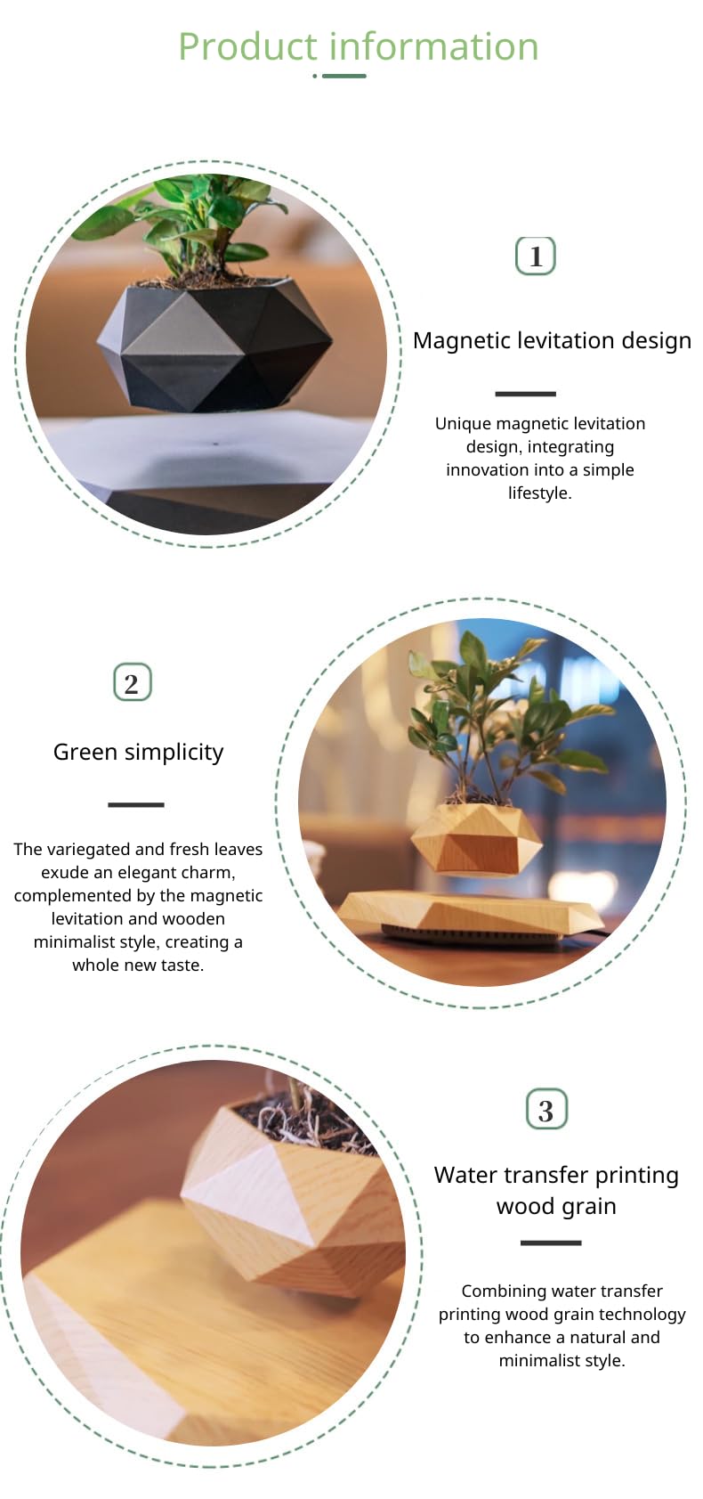 PickMeYA 浮遊植木鉢 - 多肉植物用の磁気回転プランター。自宅、オフィス、デスクのクリエイティブな装飾。インテリジェントな磁気サスペンション、小型植物用のフローティング ポット。浮遊ディスプレイ。