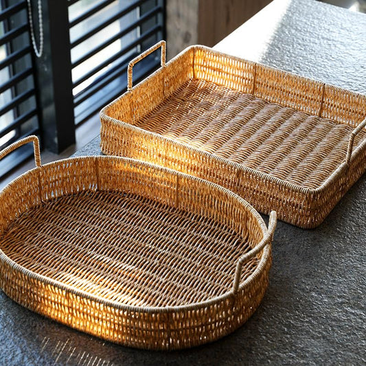 Elevate Your Living Space Organization with Plastic Rattan Storage Trays - Perfect for Tea Sets, Snacks, Fruits, and More! Set of 2 (Oval and Rectangle) - Size: 15.75 x 5.12 x 10.63 inches